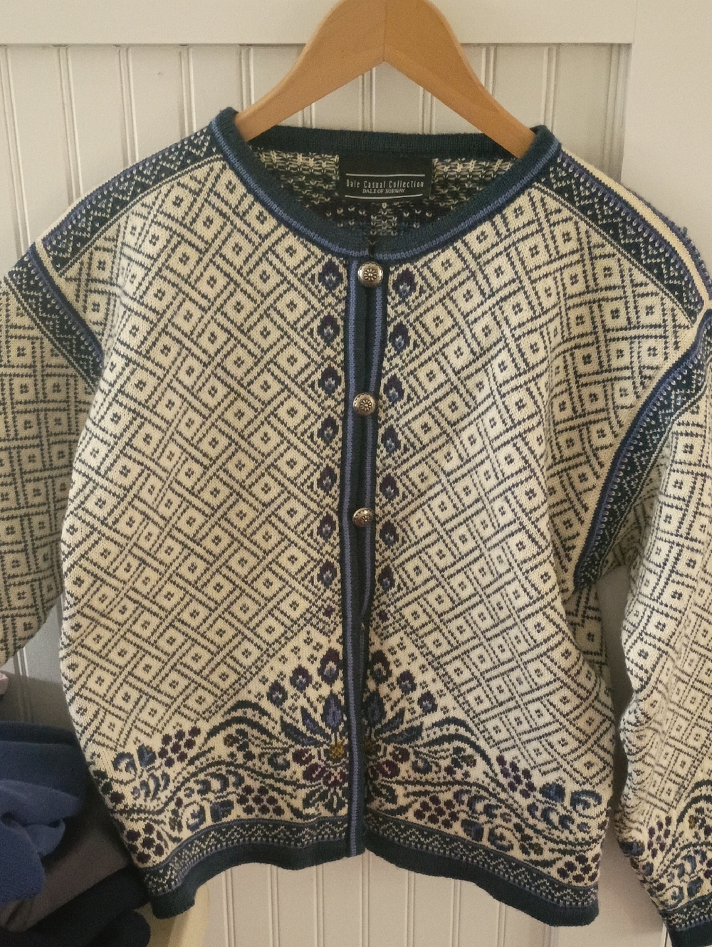 Dale of Norway Blue and Cream Patterned Knit Cardigan